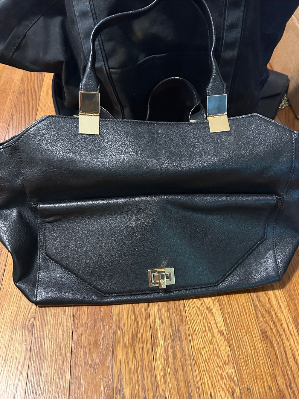 Ann Taylor Classic Black Leather Tote Bag with Gold Hardware